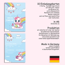 Klasse 10 x First Day of School Invitation Cards Invitation Children Girls Unicorn Rainbow 10 x 15 cm Party Children Back to School First Grader School Child First Day of School