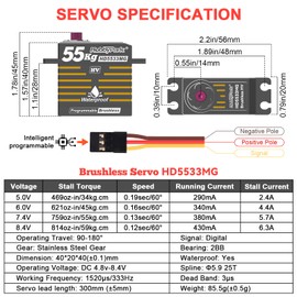 HobbyPark Waterproof 55KG High Torque Servo Motor Brushless Metal Gear Digital Servo Programmable 8.4V HV Servo for 1/8 1/10 1/12 RC Crawler RC Truck RC Car Buggy Robot DIY Control Angle 180°