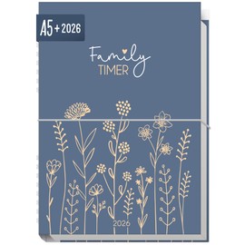 Häfft® Family-Timer 2026 A5+ "Fine Flowers Blue" Family Calendar for 4 People, Family Planner 12 Months: Jan to Dec 26, Family Organiser - Sustainable & Climate Friendly