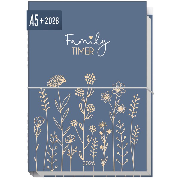 Häfft® Family-Timer 2026 A5+ "Fine Flowers Blue" Family Calendar for