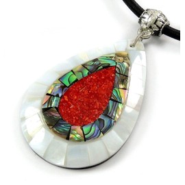 Paua Abalone Shell Necklace with Red Coral and Mother of Pearl Pendant on 16 to 27 inch Adjustable Cord Jewelry CA423