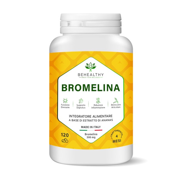 BEHEALTHY® Bromelain Ultra Strong Draining 500 mg Digestive Enzymes Supplement for Abdominal Swelling Belly Swollen Cellulite 120 CPR Pineapple Extract Vegan High Concentration Made in Italy