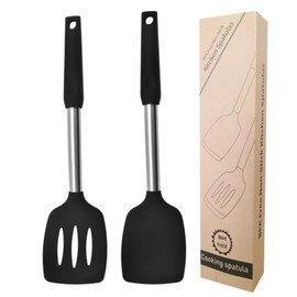 HFLYJPYW 2 Pack of Silicone Solid Turner,Non Stick Slotted Kitchen Spatulas,High Heat Resistant BPA Free Cooking Utensils,Ideal Cookware for Fish,Eggs,Pancakes (black)