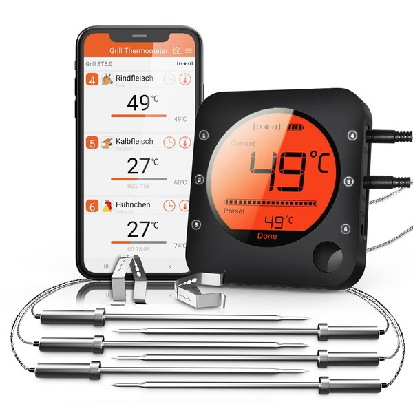 Bfour Smart Bluetooth Meat Thermometer Digital BBQ Thermometer APP Controlled with 6 Stainless Steel Probes, Large LCD Display, Grilling Thermometer for Cooking Smoker Kitchen Grill Oven