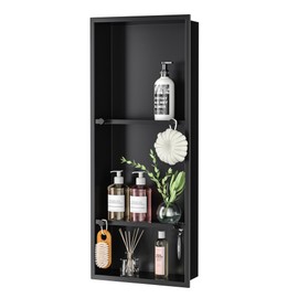 Bernkot Stainless Steel Shower Niche, Wall Vertical Niche Without Tiling, Recessed Shower Shelf w/Hooks for Bathroom Storage, Over-Mount Installation (Black, 12'' x 30'')