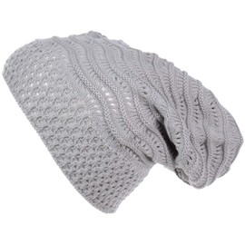 BYOS Women's Airy Cool Lightweight Cutout Long Slouchy Crochet Knit Beanie Hat Wavy Lines-lt.Gray