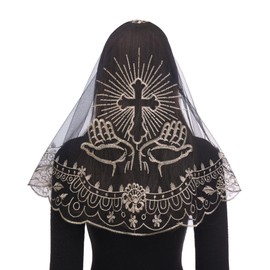 Bozidol Church Catholic Veils for Women, Black Gold D Shape Praying Hands With Cross Embroidered Lace Mantilla Chapel Veil, Latin Mass Head Coverings with Clips
