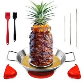 Fengzhe Al Pastor Skewer for Grill：Stainless Steel Vertical Stand, Brazilian Spit Stand with removable 3 Spikes, 2 Brushes, Anti-scalding Fittings, Fat Separator Tray, for Tacos Al Pastor, BBQ