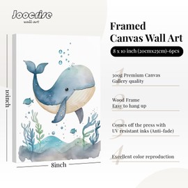 Joocrise Nursery Sea Animal Wall Decor Set of 6 Ocean Watercolor Canvas Wall Art Baby Boys Room Wall Art Ocean Sea Animal Pictures Kids Girl Art Prints Nursery Artwork for Bedroom 8x10 Inch Framed