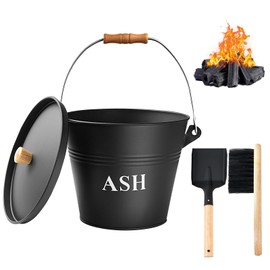 Ash Bucket with Lid Shovel and Hand Broom, 1.5 Gallon Fireplace Metal Bucket Reinforced Base & Ash Can, Fire Pit,Wood Burning Stove for Fireplace, Galvanized Iron Tool Set Accessories
