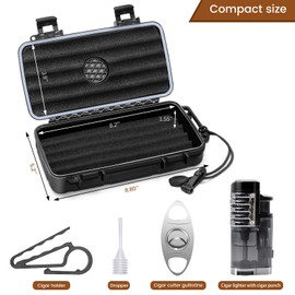 Flauno Travel Cigar Humidor Case - Portable Humidor Kit with Lighter (Without Gas), Cutter, Holder, Humidifier & Dropper, Waterproof, Crushproof, Airtight Seal (Holds up to 5 Cigars)
