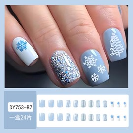 24Pcs Short Snowflake Press on Nails Blue Square Fake Nails Winter Stick on Nails Full Cover Acrylic Artificial Nails Cute Xmas Glue on Nails Reusable False Nails Christmas Nail Decorations for Women