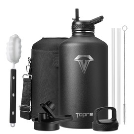 Topre Gallon Water Bottle Insulated, 128 oz Stainless Steel Water Bottles with Straw, Double Walled Vacuum Large Water Bottle with 3 Lids & Brush, Leak Proof Metal Water Bottle for Sport Gym Camping