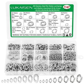 1147PCS Flat and Spring Lock Washers Assortment Kit, Metric Split Lock Washers for Screws Bolts, 304 Stainless Steel, 9 Sizes-M2 M2.5 M3 M4 M5 M6 M8 M10 M12 for Home, Factories, Kitchens, Shops