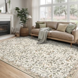 Dotiiorug 5×7 Washable Large Area Rugs for Living Room, Floral Soft Rug Non Slip Stain Resistant Carpet for Bedroom Dining Room Kitchen Farmhouse Home Decor，Beige Multi