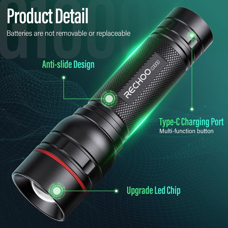 RECHOO Rechargeable Flashlights High Lumens, G1000 Super Bright Flash Light,