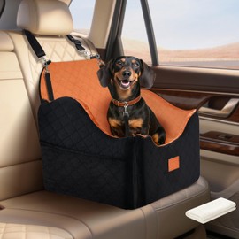 XEEP Dog Car Seat for Small/Medium Dogs Up to 35lbs, Dog Booster Seat with Memory Foam Cushion, Washable Pet Car Seat with Safety Belt & Pee Pad & Blanket, Fits in Front/Back Seat(Black/Brown)