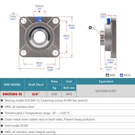 XIKE 2 Pcs SUCF204-12 Bore 3/4" All Stainless Steel Pillow Block Square Flange Mounted Ball Bearings, Solid Base and Self Aligning.