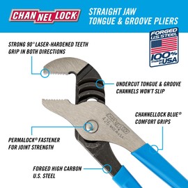 Channellock Tongue & Groove Pliers 426 - Straight Jaw, Made in USA, 0.87 In. Jaw, Heat-Treated Teeth - 6.5 In.