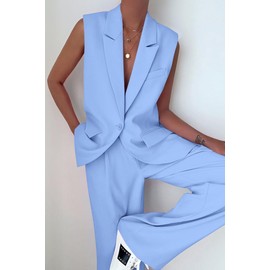 PRETTYGARDEN Womens Two Piece Outfits Sleeveless Blazer and Wide Leg Pants Suit Sets Business Casual Clothes (Light Blue,Large)