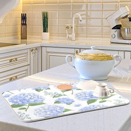 Blue Hydrangea Flowers Dish Drying Mat for Kitchen Counter Large Super Absorbent Drying Mat for Countertop Protector Dishes Pad Kitchen Drying Matt 18x24 inch