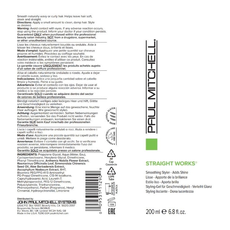 Paul Mitchell Straight Works Hair Gel, Smoothing Styler, Adds Shine,