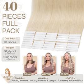 Elailite Tape in Hair Extensions Real Human Hair Blonde 40 Pcs 100g - Seamless Skin Weft Real Remy Hair Extension Long Straight (#60 Platinum Blonde, 22 Inch)