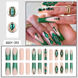 FIEONCIY Press on Nails Coffin Long Length Acrylic Glossy Full Cover Square Shaped French False Nails with Designs Artificial Extra Long Fake Nails with Charms Glue ons Fingernails for Women(SGCY392)