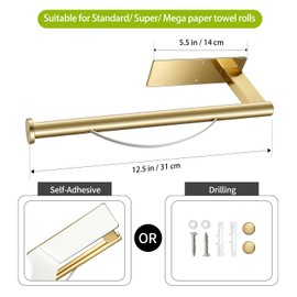 Paper Towel Holder Under Cabinet, Single Hand Operable Tearing Off Paper Towels with Damping Effect, Both Available in Adhesive and Screws, Stainless Steel (Gold)