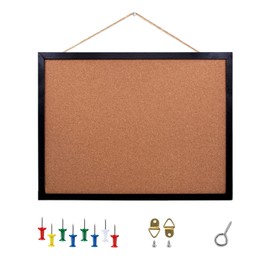 Black Cork Board Bulletin Board, 15.7"X 12" Cork Board, Oak Wood Finish Frame, Wall Mounted Cork Board for Office Home and School(Pins, Eye Bolts, gaskets, Screws)