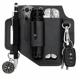 Funda multiherramienta de piel – Organizador de cinturón EDC de 2 bolsillos – Funda de piel genuino con ranura para cuchillo, llavero y soporte para bolígrafos, regalo de