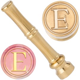 CRASPIRE E Sealing Wax Stamp Letter Seal Stamp 15 mm Golden Metal Brass Retro Vintage Alphabet Initial Mini Stamp with Bamboo Stick Handle for Thanksgiving Cards Envelopes Wedding Invitations