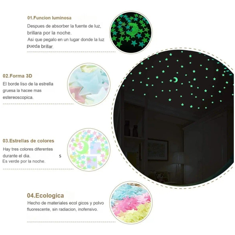200 Estrellas Fosforescentes Figuras Decorativas Calcomanias