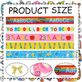 Ribest School Ribbon, 7/8 Inch Back to School Themed Teacher Grosgrain Decorative Ribbon with Bus Pencil Apple ABC Alphabet Pattern for Crafts Gift Wrapping Hair Sewing Wreath, 5 Rolls Total 25 Yards