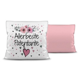 Cushion with Cushion Filling with Saying "Allerbeste Patentante - Best Gift Idea for Family and Friends" - Colour Cushion Back Pink