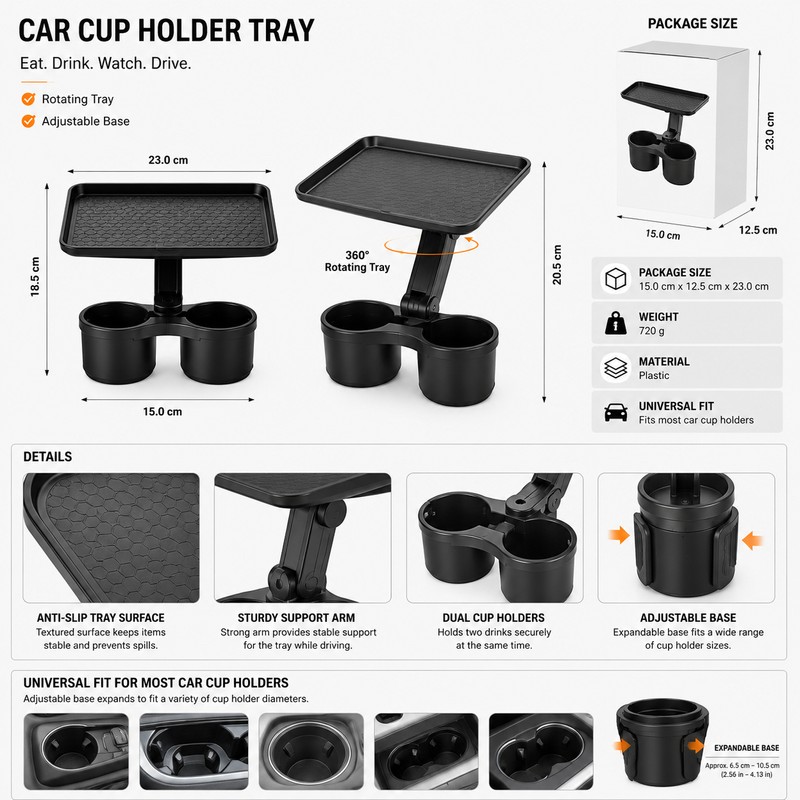 Car Cup Holder Tray for Road Trips – Adjustable Double