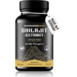 SCHWARZESGOLD® Original Shilajit Kapseln Hochdosiert - 10:1 Extrakt - 83% Fulvinsäure | Abgefüllt und Laborgeprüft in DE | 120 Kapseln - 900mg Mumijo Tagesdosis | Vegan & ohne Zusätze