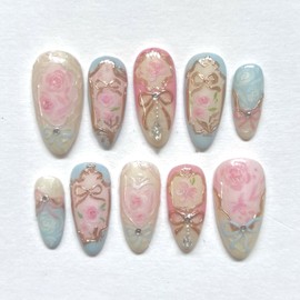 24Pcs Almond Press on Nails Heart Flowers Fake Nails with Exquisite Rhinestones Design Glossy Full Cover Rose False Nails with Glue Medium Romantic Stick on Nails Acrylic Nail Art for Women