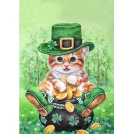 Toland Home Garden Clover Kitty 28 x 40 Inch Decorative Cute Shamrock Tabby Leprechaun Cat St Patrick's Day House Flag - 1010806