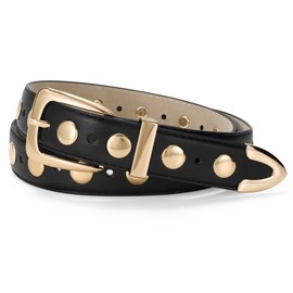 JASGOOD Women Leather Belt Fashion Studded Belt Ladies Punk Belt Gold Buckle Vintage Leather Belt for Jeans Dress with Gold Buckle,Black