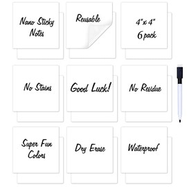 Zayvor 6 Dry Erase Sticky Notes 4 x 4 Inch, Reusable Washable Mini Whiteboard Stickers Squares, Black Dry Erase Markers with Eraser,for Labels Lists Reminders, Washable, Removable