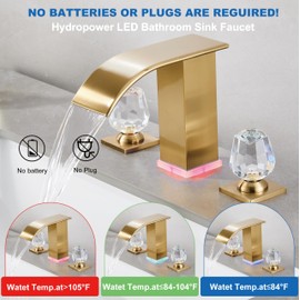 Brushed Gold Bathroom Faucet 3 Hole, 8-inch Widespread Vanity Faucet with LED Waterfall spout Gold for Bathroom Sink, Modern Vanity Faucet(Brushed Gold)