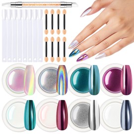 Modelones Chrome Nail Powder Glitter Nails Powder Chrome Nail Powder Nail Art Nail Design Glitter Nails Powder for DIY Salon 25 Pieces with 8 Glasses Powder & 8 Applicators & 8 Nail Sticks & 1 Detail
