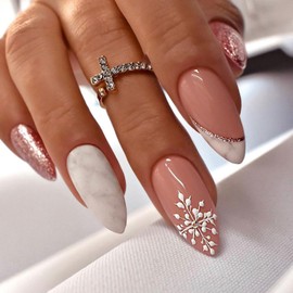 Christmas Press on Nails Almond Shaped Glossy Full Cover Acrylic Medium Length Almond Glitter False Nails with Snowflake Designs Artificial Xmas Fake Nails with Glue ons Fingernails for Women Girls