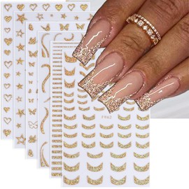 Gold Nail Art Stickers 3D Self-Adhesive Nail Decals French Glitter Line Nail Stickers Stripe Butterfly Star Heart Designs Nail Supplies for Women DIY Acrylic Nail Decoration Accessories 8 Sheet