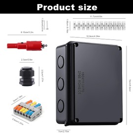 PARFCO Surface-Mounted Junction Box, IP65 Waterproof Junction Box, ABS Black Terminal Box, Junction Box, 150 x 110 x 70 mm, with Clamps, Connections, Screws, Hole Cutter, for Cable Diameter 6-12 mm