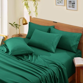 Horbaunal Extra Deep Pocket King Sheets - Fits Mattress 18-24 Inches Deep - 6 Pieces Hotel Luxury 1800 Thread Count Microfiber Sheet Set - Ultra Soft Hunter Green King Size Bed Sheets