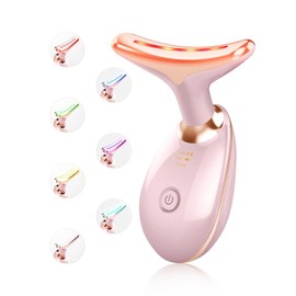 Facial Beauty Device, Multifunctional Facial Skin Care Tools with Vibration, Red and Blue LED Light, 7 Color Led Face and Neck Beauty Device for Home Use, Improve Skin(Glossy Pink) | Yolopim