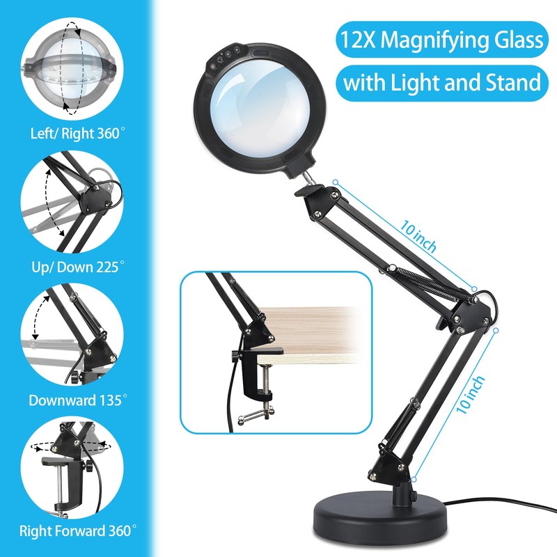 12X Large Magnifying Glass with Light and Stand, 5.2 Inch
