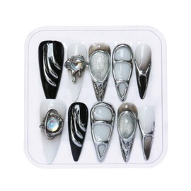 CAMILCY Press on Nails Handmade Nails Luxury Reusable Fake Nails For Girls long Almond Armor Tip Black Silver Diamonds HandPainted Salon Loveful Design Acrylic GelUV Finished For Women 3DNails 10PCS M